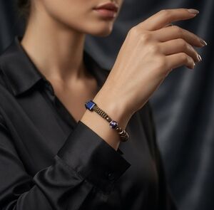 Handmade Elastic Beaded Bracelet Lapis Lazuli Brass Beads One Size Blue Gold